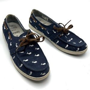 Toms Navy Blue Boat Shoes with White Whale Pattern